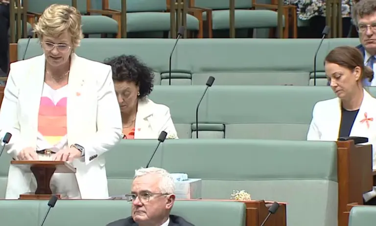 A cockatoo on an empty seat and a crossbench honouring Helen Haines. Parliament resumes