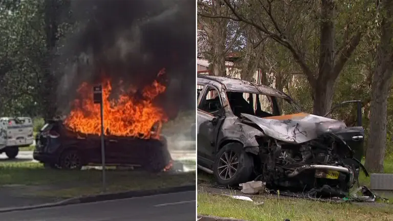 Man charged after fiery crash following police pursuit in Sydney’s southwest