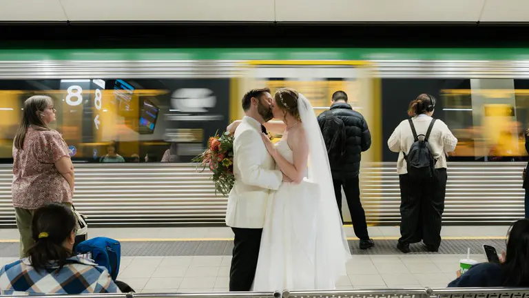 Wedding of the week: Newlyweds turn heads as they take TransPerth TRAIN to reception